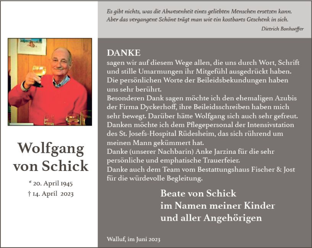  Traueranzeige für Wolfgang von Schick vom 17.06.2023 aus Wiesbadener Kurier