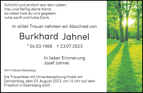 Traueranzeige von Burkhard Jahnel von Odenwälder Echo