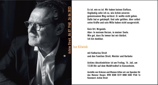 Traueranzeige von Achim Streit von Allgemeine Zeitung Mainz