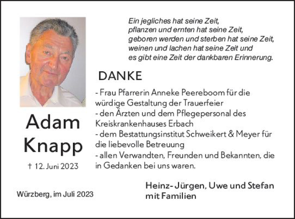  Traueranzeige für Adam Knapp vom 15.07.2023 aus Odenwälder Echo