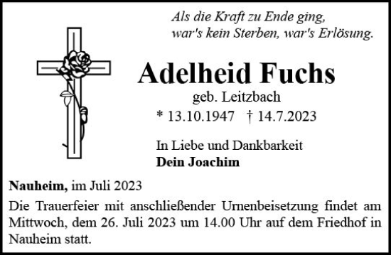 Traueranzeige von Adelheid Fuchs von Camberger Anzeiger