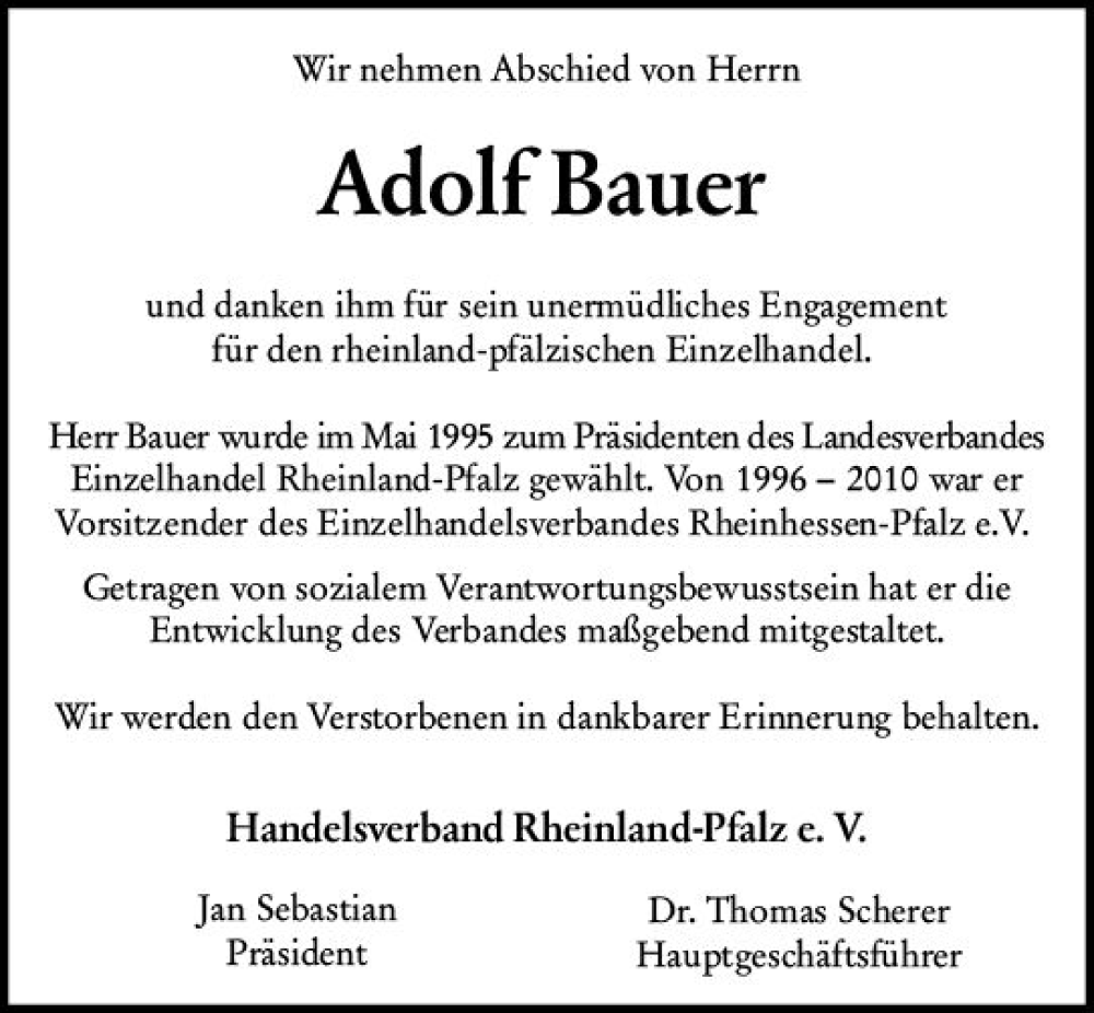  Traueranzeige für Adolf Bauer vom 27.07.2023 aus Allgemeine Zeitung Mainz