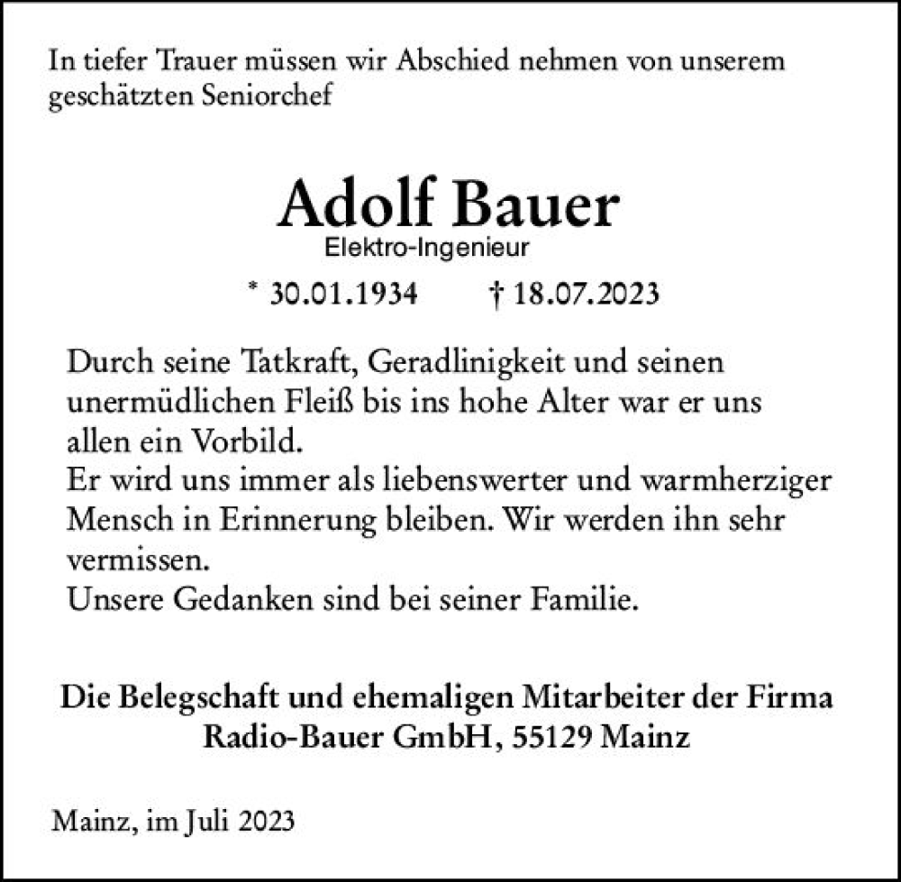  Traueranzeige für Adolf Bauer vom 22.07.2023 aus Allgemeine Zeitung Mainz