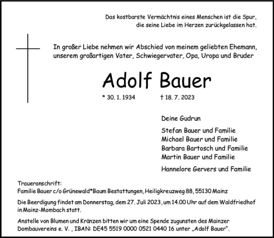 Traueranzeige von Adolf Bauer von Allgemeine Zeitung Mainz