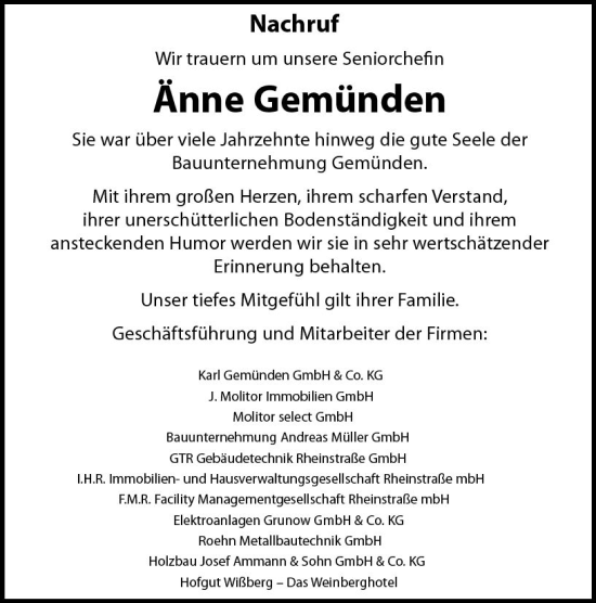 Traueranzeige von Änne Gemünden von Allgemeine Zeitung Bingen/Ingelheim