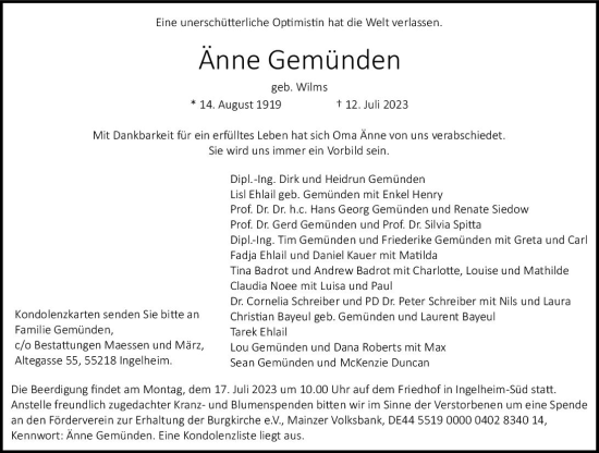 Traueranzeige von Änne Gemünden von Allgemeine Zeitung Bingen/Ingelheim