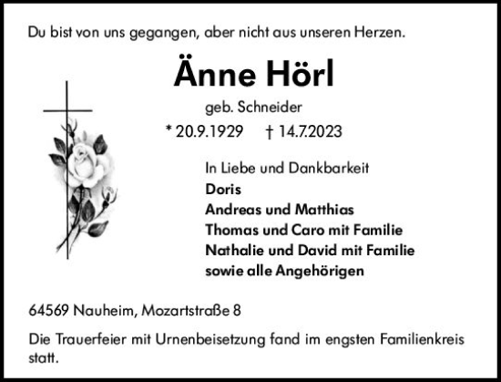 Traueranzeige von Änne Hörl von Rüsselsheimer Echo