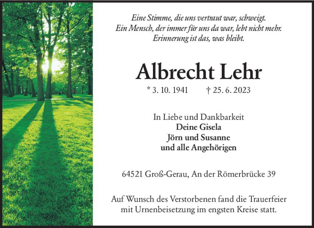  Traueranzeige für Albrecht Lehr vom 29.07.2023 aus Groß-Gerauer Echo