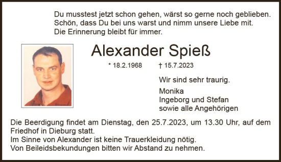 Traueranzeige von Alexander Spieß von Dieburger Anzeiger/Groß-Zimmerner Lokal-Anzeiger