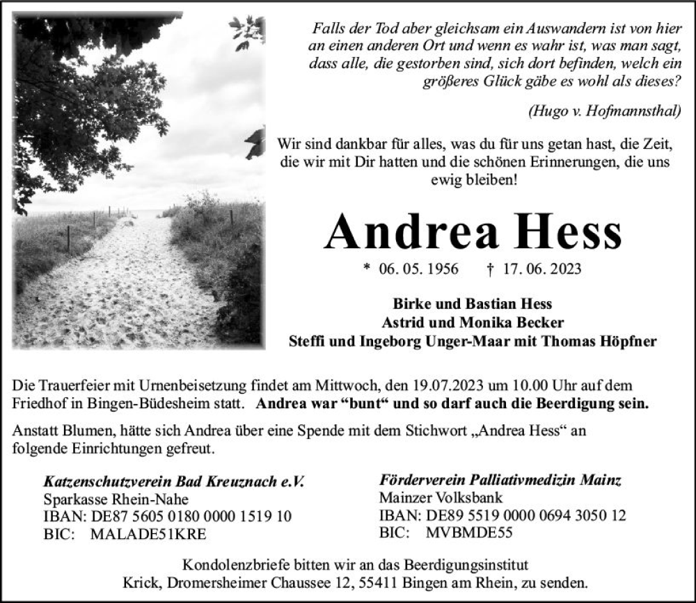  Traueranzeige für Andrea Hess vom 08.07.2023 aus Bingen/Ingelheim WOBL inkl. Neue Binger Ztg.