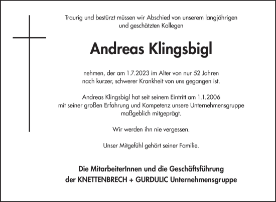 Traueranzeige von Andreas Klingsbigl von Wiesbadener Kurier