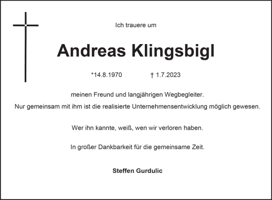 Traueranzeige von Andreas Klingsbigl von Wiesbadener Kurier