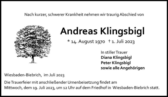Traueranzeige von Andreas Klingsbigl von Wiesbadener Kurier