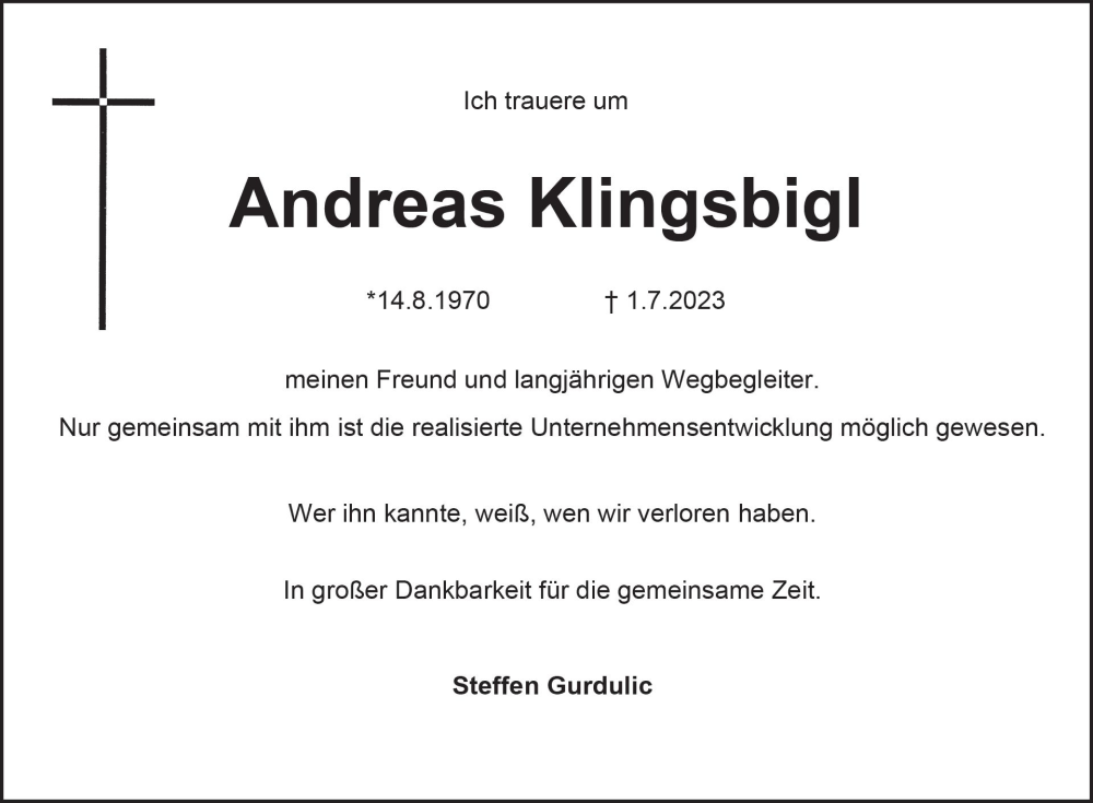  Traueranzeige für Andreas Klingsbigl vom 08.07.2023 aus Wiesbadener Kurier