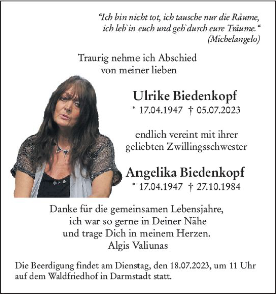 Traueranzeige von Angelika Biedenkopf von Darmstädter Echo