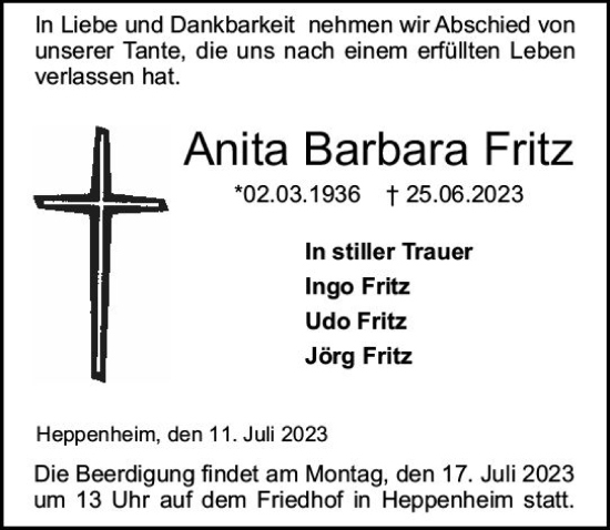 Traueranzeige von Anita Barbara Fritz von Starkenburger Echo