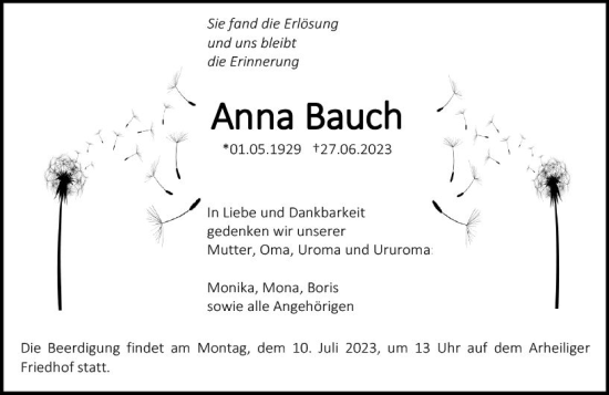 Traueranzeige von Anna Bauch von Darmstädter Echo