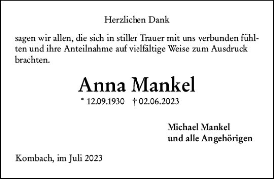 Traueranzeige von Anna Mankel von Hinterländer Anzeiger