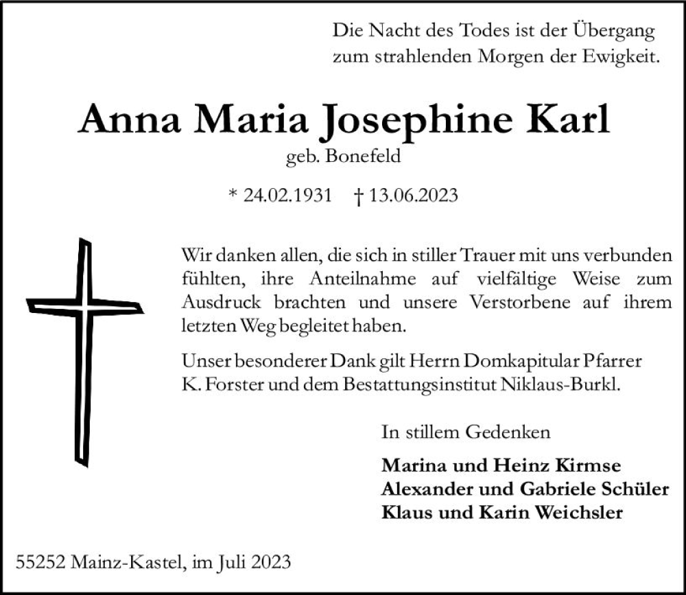  Traueranzeige für Anna Maria Josephine Karl vom 15.07.2023 aus Allgemeine Zeitung Mainz