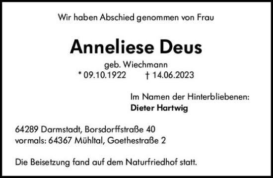 Traueranzeige von Anneliese Deus von Darmstädter Echo