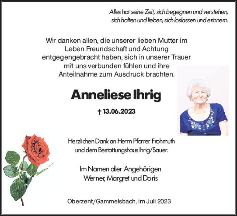  Traueranzeige für Anneliese Ihrig vom 29.07.2023 aus Odenwälder Echo
