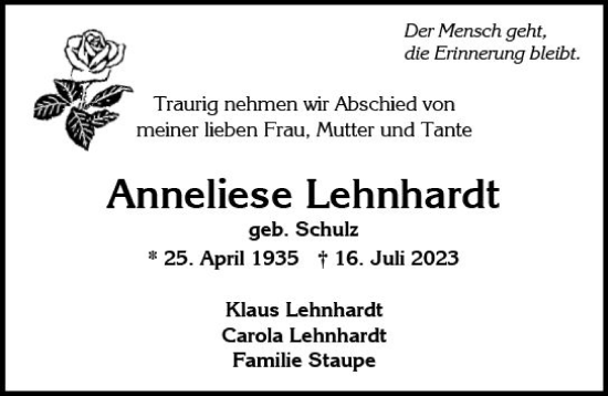 Traueranzeige von Anneliese Lehnhardt von Wiesbadener Kurier