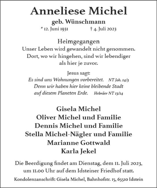 Traueranzeige von Anneliese Michel von Wiesbadener Kurier