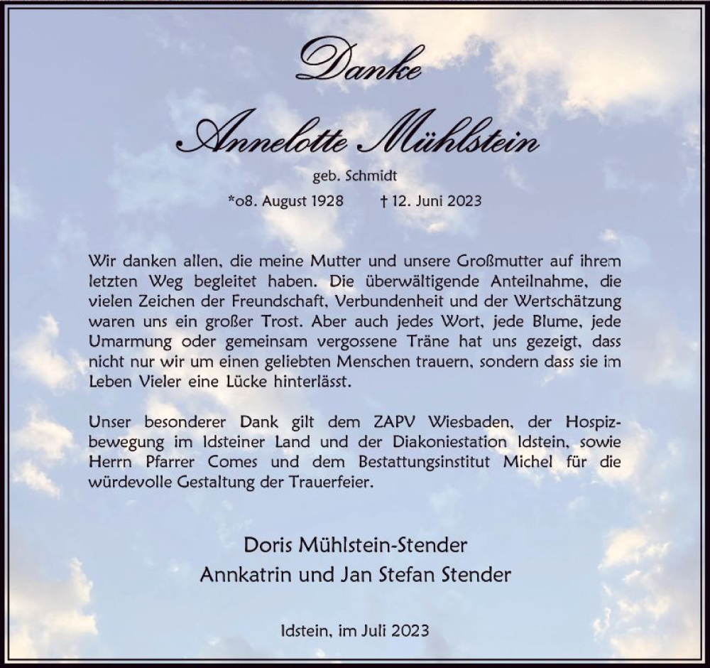  Traueranzeige für Annelotte Mühlstein vom 15.07.2023 aus Idsteiner Land/Untertaunus
