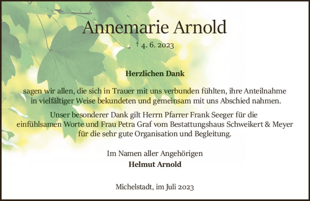  Traueranzeige für Annemarie Arnold vom 08.07.2023 aus Odenwälder Echo
