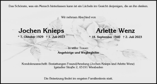 Traueranzeige von Arlette Wenz von Wiesbadener Kurier