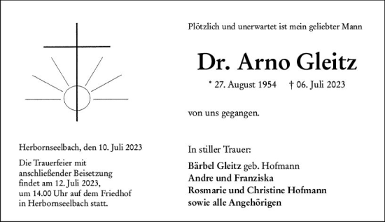 Traueranzeige von Arno Gleitz von Dill Block