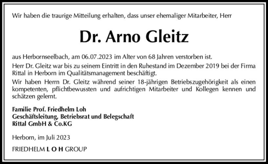 Traueranzeige von Arno Gleitz von Dill Block
