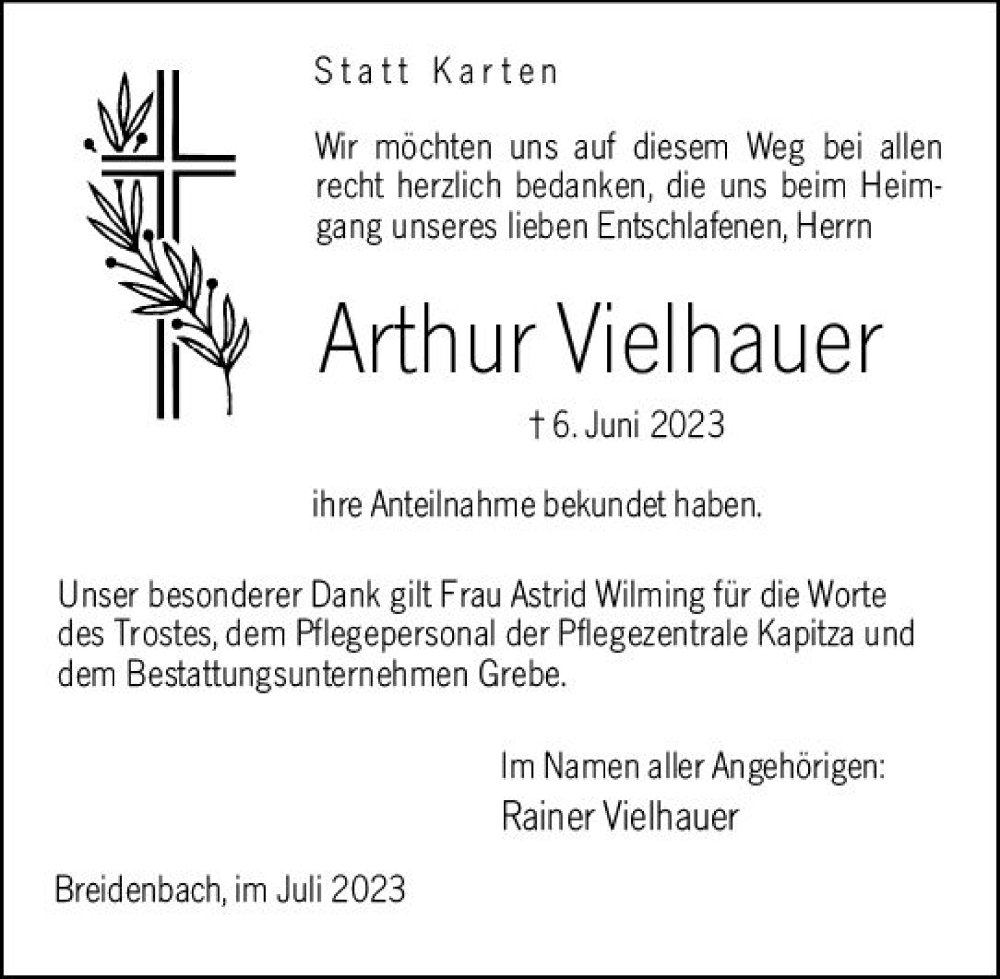  Traueranzeige für Arthur Vielhauer vom 08.07.2023 aus Hinterländer Anzeiger