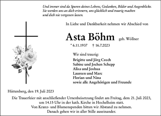 Traueranzeige von Asta Böhm von Wetzlarer Neue Zeitung