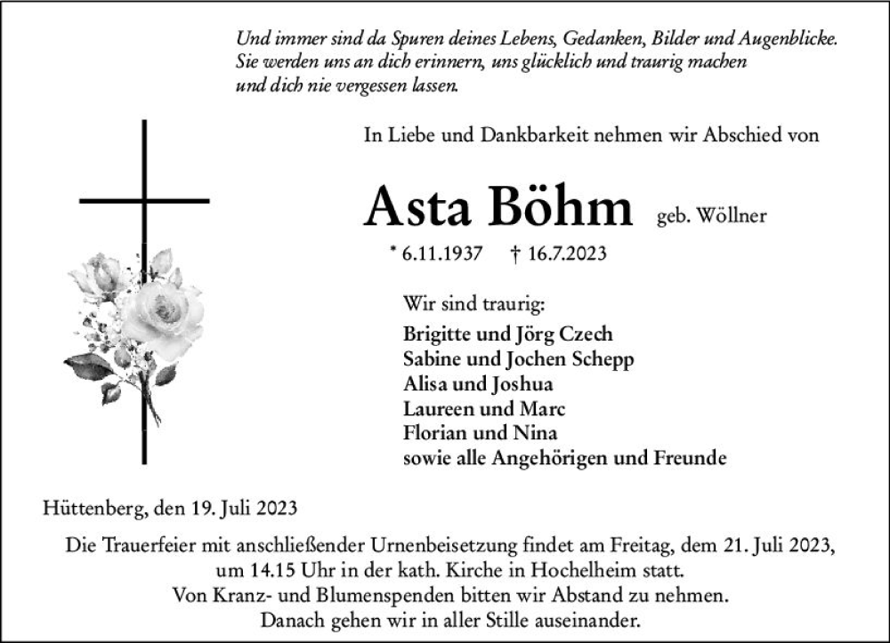  Traueranzeige für Asta Böhm vom 19.07.2023 aus Nassauische Neue Presse