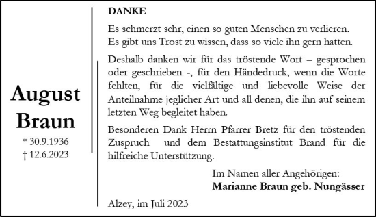 Traueranzeige von August Braun von Allgemeine Zeitung Alzey
