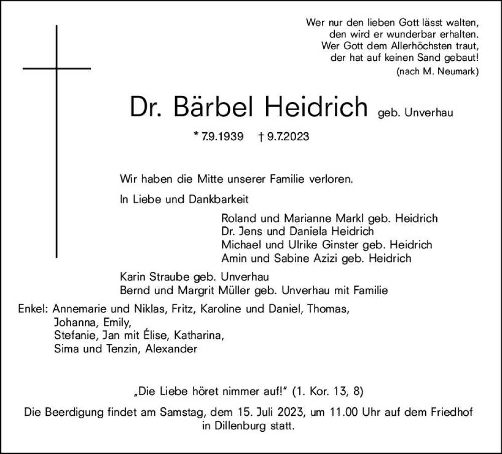  Traueranzeige für Bärbel Heidrich vom 12.07.2023 aus Dill Block