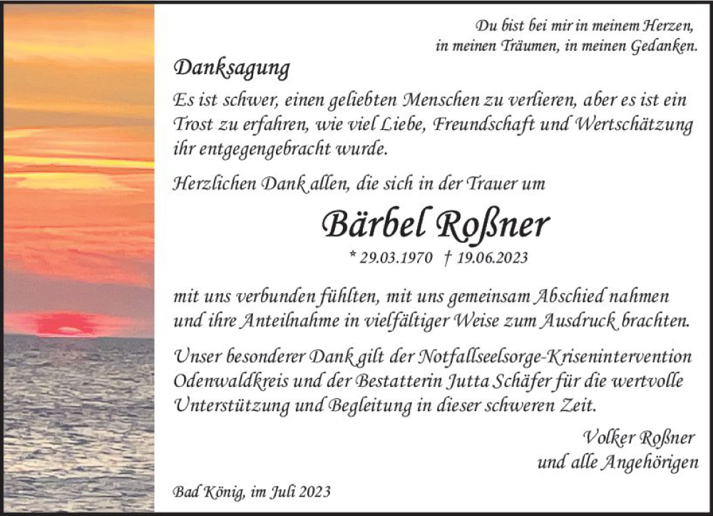  Traueranzeige für Bärbel Roßner vom 29.07.2023 aus Odenwälder Echo