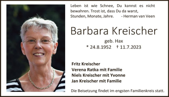Traueranzeige von Barbara Kreischer von Darmstädter Echo