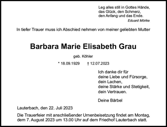 Traueranzeige von Barbara Marie Elisabeth Grau von VRM Trauer