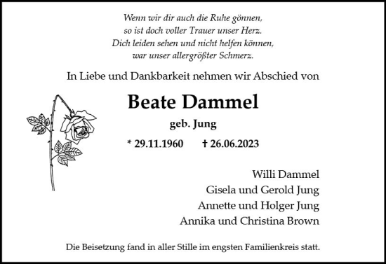 Traueranzeige von Beate Dammel von Allgemeine Zeitung Mainz
