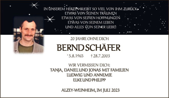 Traueranzeige von Bernd Schäfer von Allgemeine Zeitung Alzey