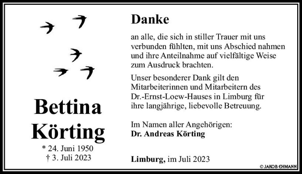  Traueranzeige für Bettina Körting vom 22.07.2023 aus Nassauische Neue Presse