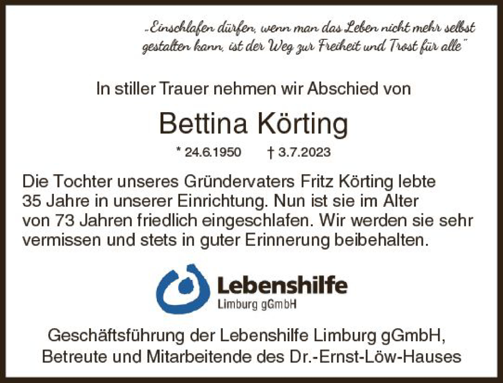  Traueranzeige für Bettina Körting vom 14.07.2023 aus Nassauische Neue Presse