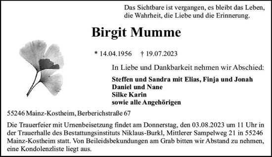 Traueranzeige von Birgit Mumme von Allgemeine Zeitung Mainz