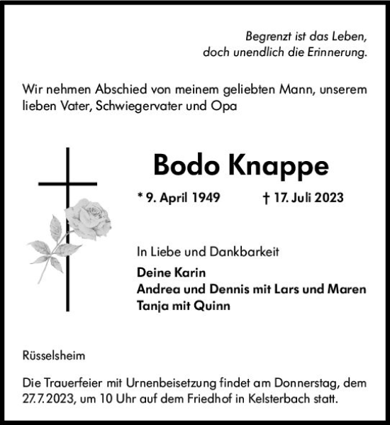 Traueranzeige von Bodo Knappe von Rüsselsheimer Echo