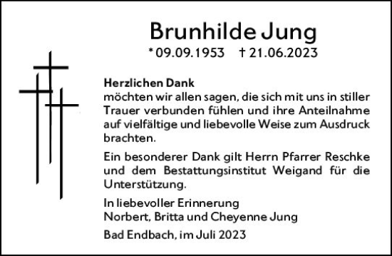 Traueranzeige von Brunhilde Jung von Hinterländer Anzeiger