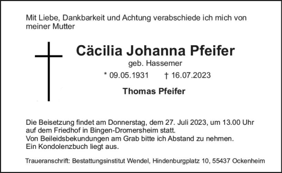 Traueranzeige von Cäcilia Johanna Pfeifer von Allgemeine Zeitung Bingen/Ingelheim