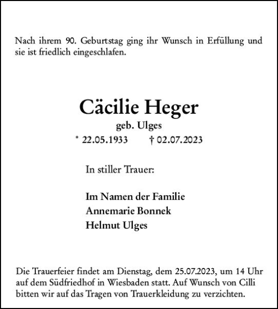 Traueranzeige von Cäcilie Heger von Rheingau Kurier