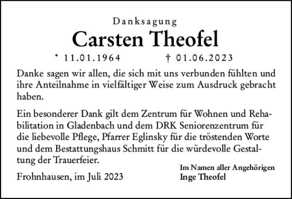  Traueranzeige für Carsten Theofel vom 29.07.2023 aus Dill Block